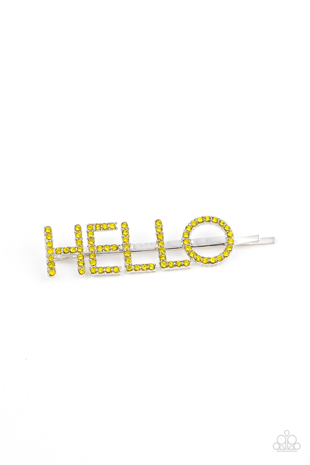 Hello There Yellow Hair Clip - Paparazzi Accessories  Encrusted in glittery Illuminating rhinestones, the word, "Hello," is spelled out across the front of a classic silver bobby pin for a charming look.  Sold as one individual decorative bobby pin.