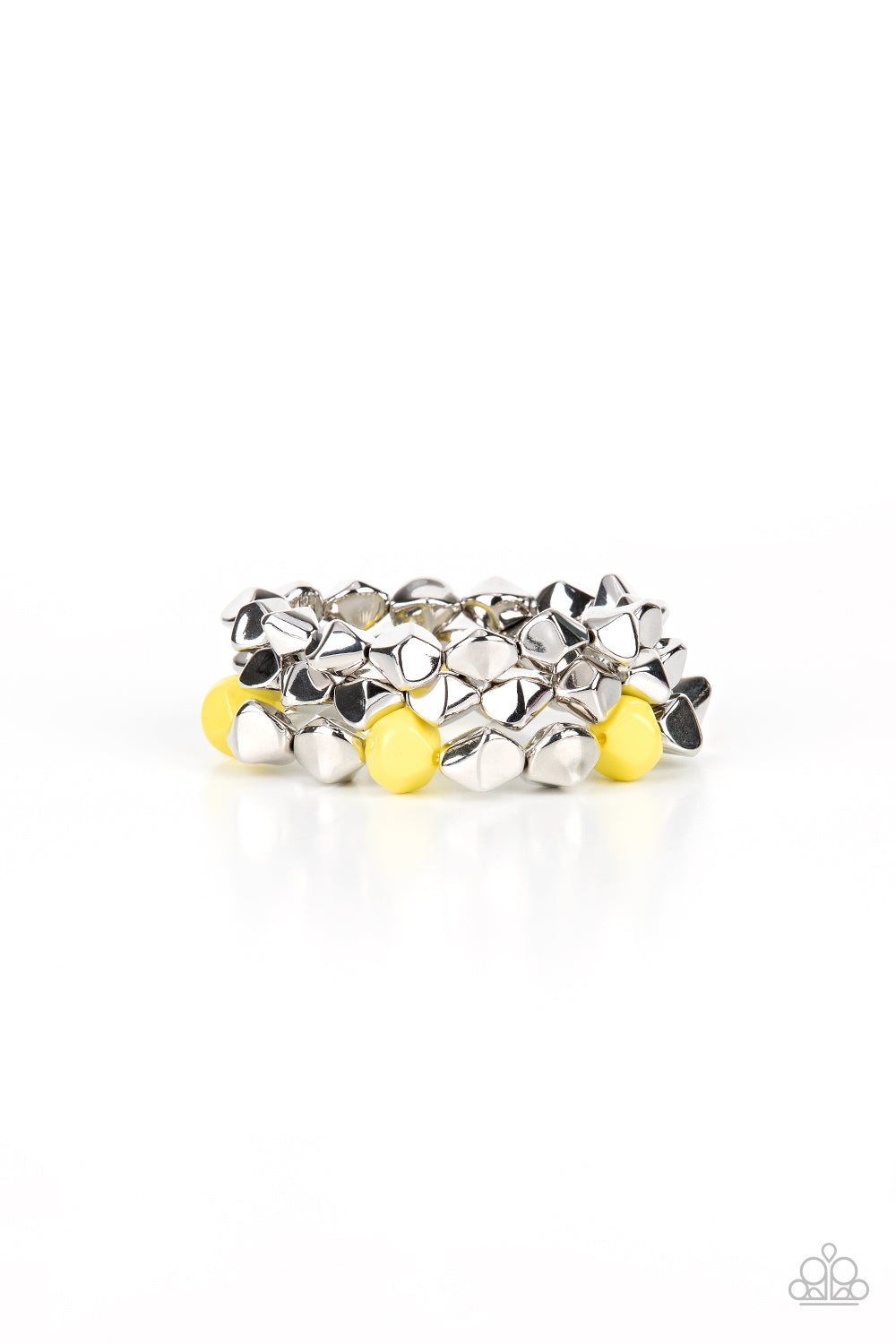 A Perfect TENACIOUS Yellow Bracelet - Paparazzi Accessories  Infused with pops of Illuminating accents, a faceted series of silver beads are threaded along stretchy bands around the wrist for a flashy fashion.  Sold as one set of three bracelets.