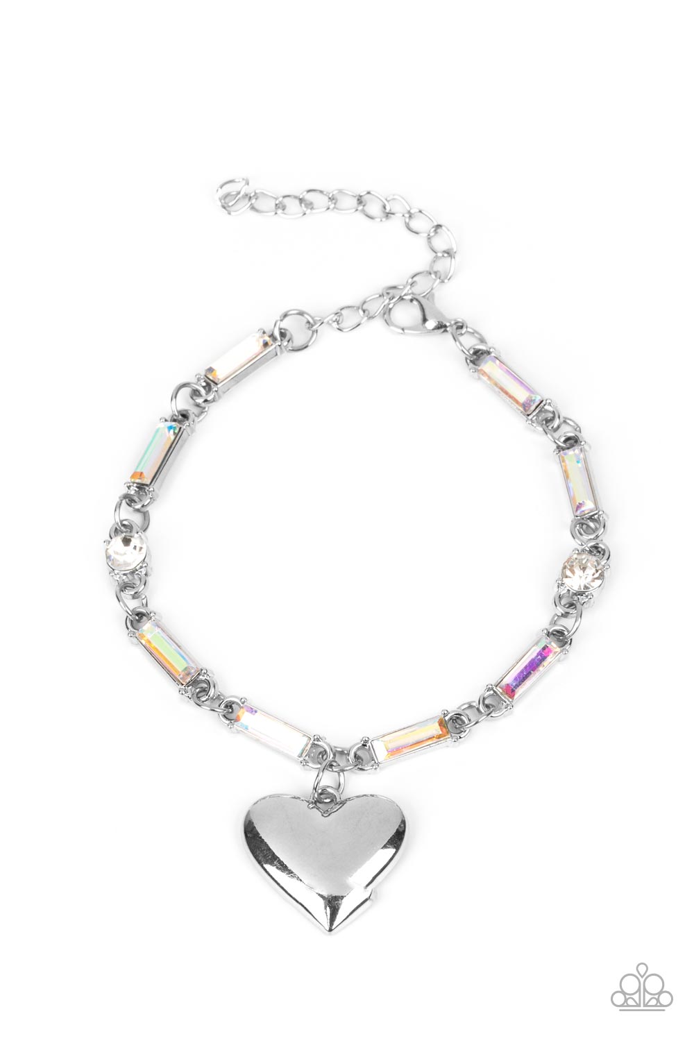 Sweetheart Secrets Multi Bracelet - Paparazzi Accessories  Encased in sleek silver fittings, classic white rhinestones and emerald cut iridescent rhinestones delicately link into a sparkly chain around the wrist. A shiny silver heart charm swings from the glittery compilation, adding a flirtatious shimmer. Features an adjustable clasp closure.  Sold as one individual bracelet.