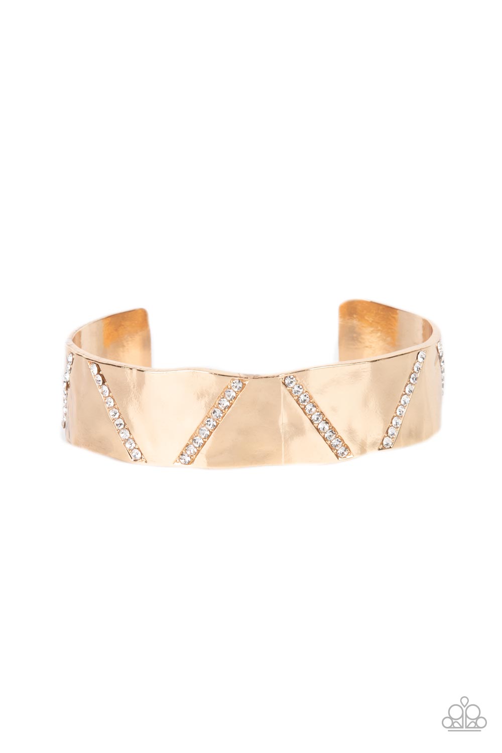Couture Crusher Gold Cuff Bracelet - Paparazzi Accessories Item #P9ED-GDXX-046XX Rows of glassy white rhinestones slant across the front of a gently hammered gold cuff that waves around the wrist, result in an edgy shimmer.  Sold as one individual bracelet.