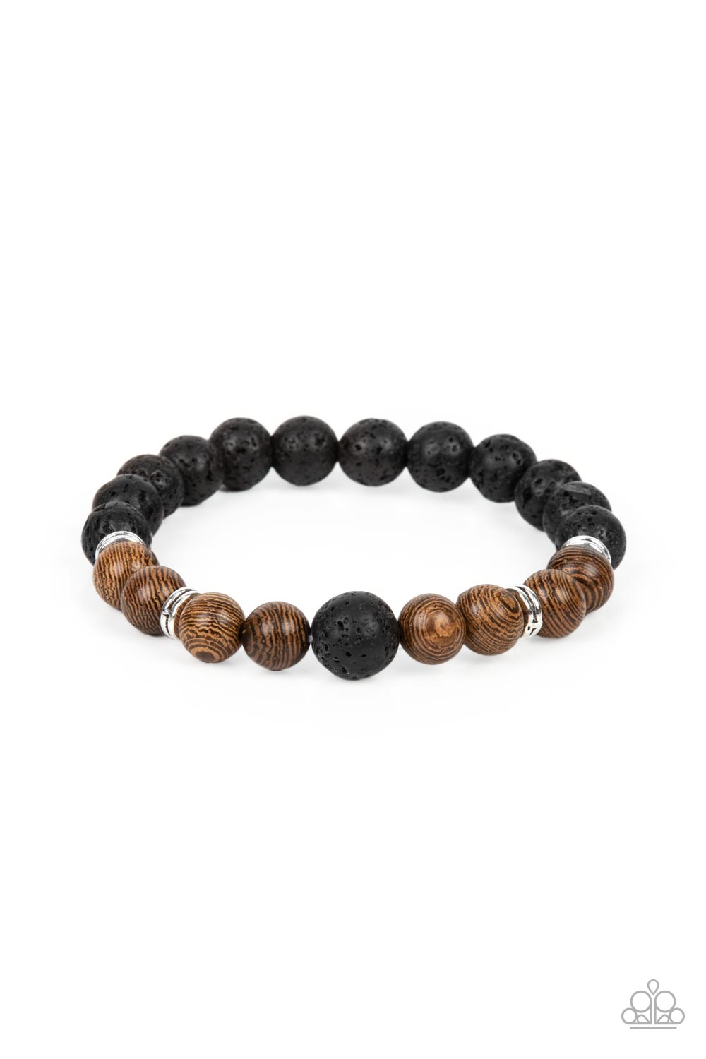 Neutral Zone Brown Bracelet - Paparazzi Accessories  Infused with dainty silver accents, an earthy compilation of brown wooden beads and black lava stone beads are threaded along stretchy bands around the wrist for an urban flair.  Sold as one individual bracelet.