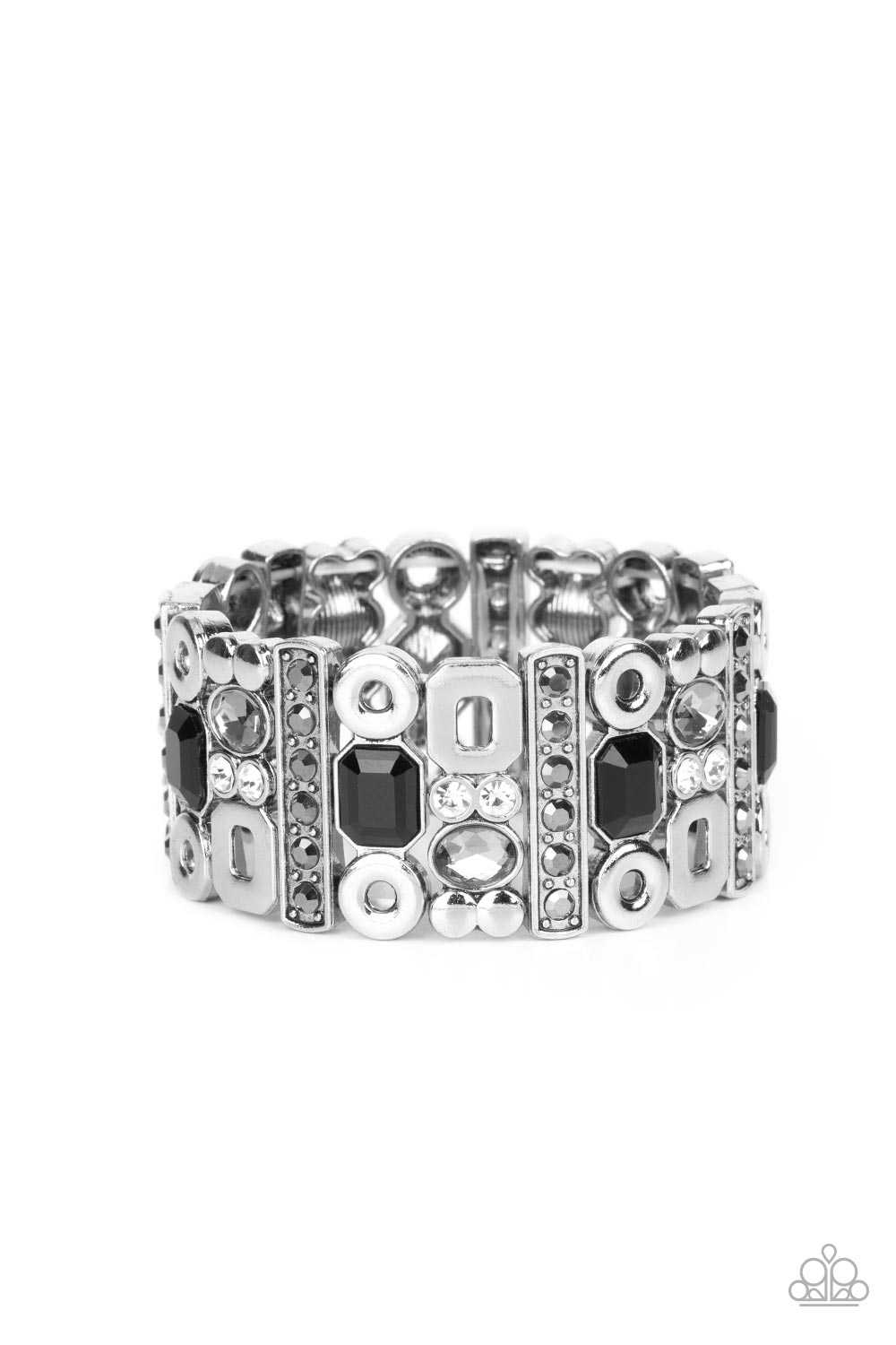 Dynamically Diverse Black Bracelet - Paparazzi Accessories  Infused with flat silver studs and geometric silver accents, a mismatched assortment of oval, round, and emerald style hematite, white, black, and smoky rhinestones coalesce into edgy frames along a stretchy band for an intense sparkle around the wrist.  Sold as one individual bracelet.