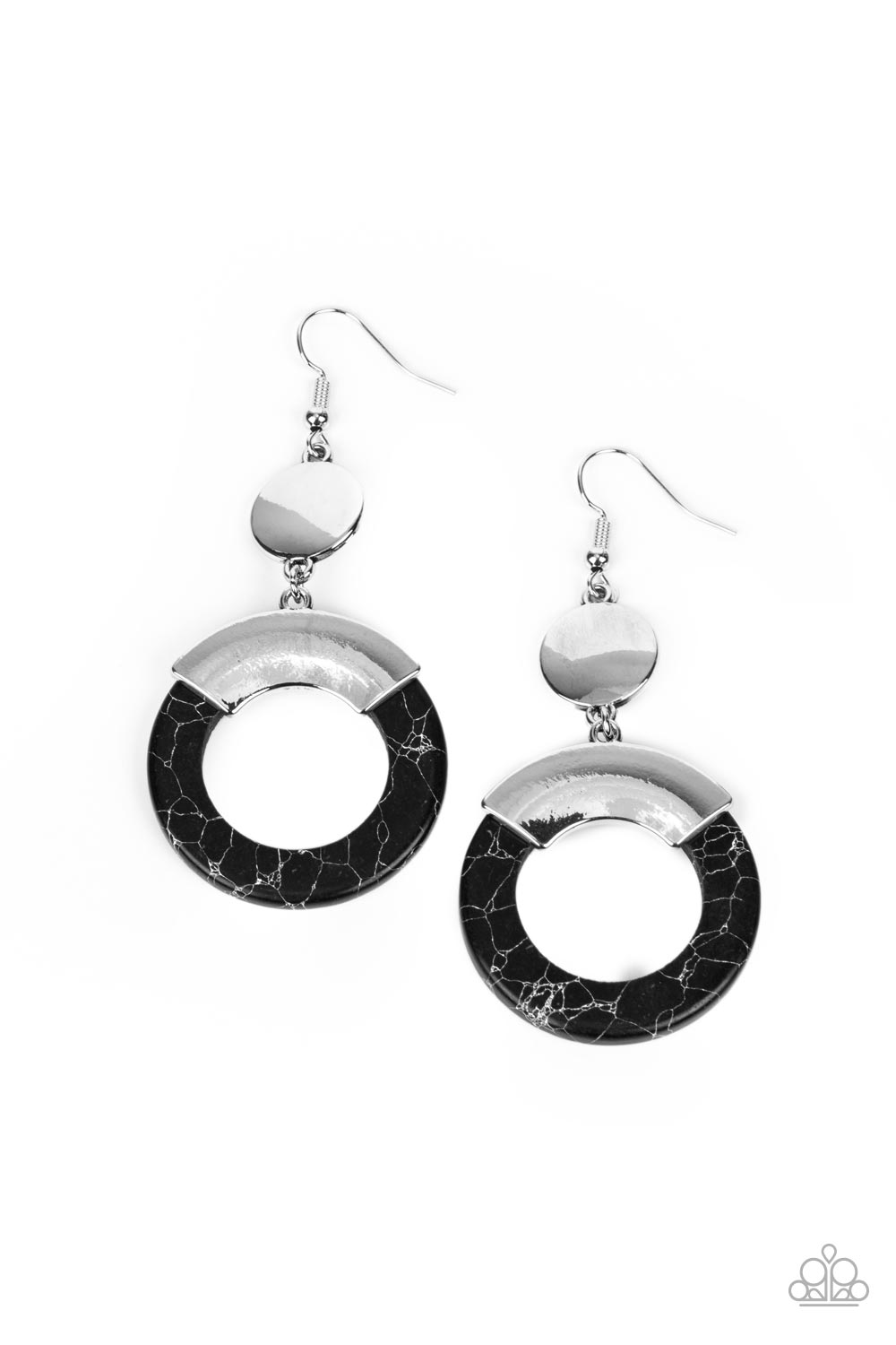 ENTRADA at Your Own Risk Black Earring - Paparazzi Accessories  Capped in a curved silver plate, an earthy black stone hoop swings from the bottom of a shiny silver disc for an authentic artisan twist. Earring attaches to a standard fishhook fitting.  Sold as one pair of earrings.