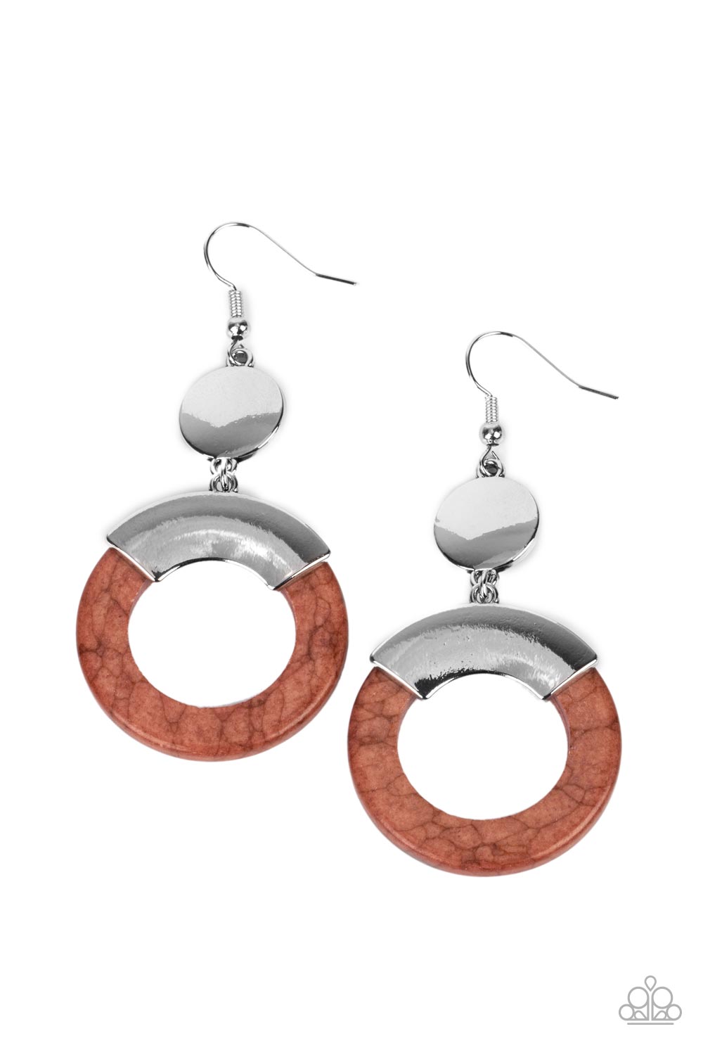 ENTRADA at Your Own Risk Brown Earring - Paparazzi Accessories  Capped in a curved silver plate, an earthy brown stone hoop swings from the bottom of a shiny silver disc for an authentic artisan twist. Earring attaches to a standard fishhook fitting.  Sold as one pair of earrings.