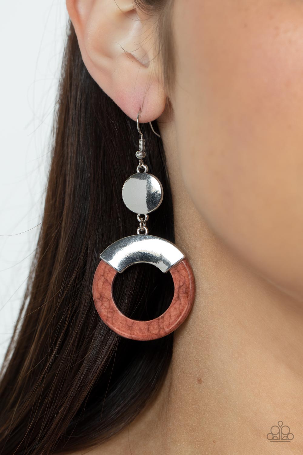 ENTRADA at Your Own Risk Brown Earring - Paparazzi Accessories  Capped in a curved silver plate, an earthy brown stone hoop swings from the bottom of a shiny silver disc for an authentic artisan twist. Earring attaches to a standard fishhook fitting.  Sold as one pair of earrings.