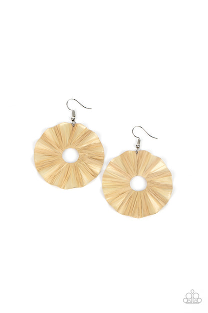 Fan the Breeze Brown Earring - Paparazzi Accessories  Shiny tan crepe-like paper is wrapped around a rippling round disc, creating a modern display. Earring attaches to a standard fishhook fitting.  Sold as one pair of earrings.