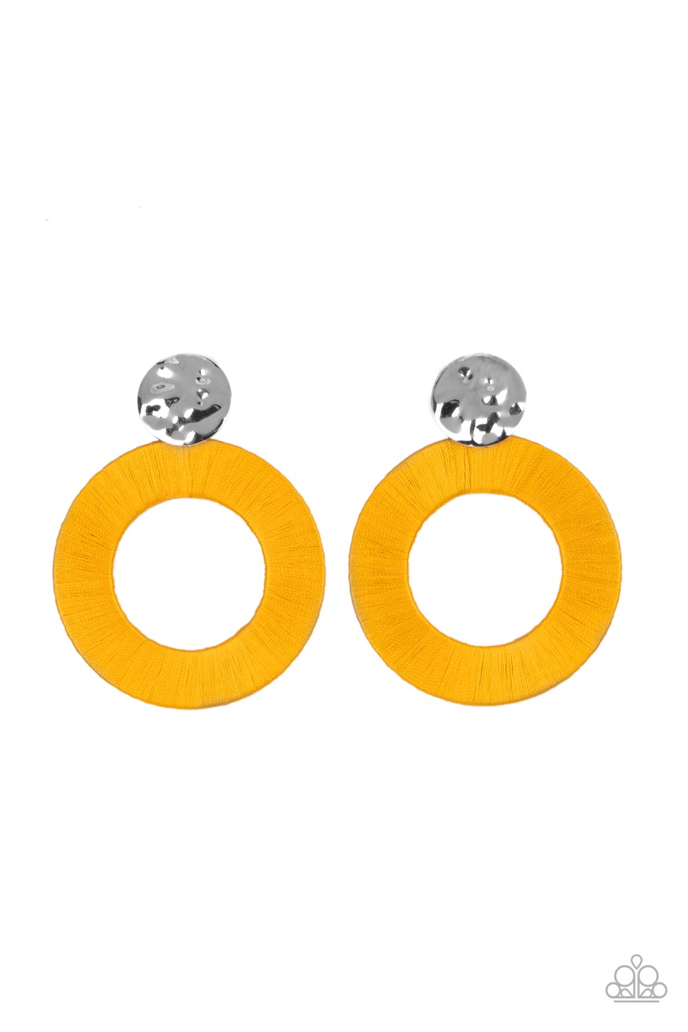 Strategically Sassy Yellow Post Earring - Paparazzi Accessories  A hammered silver disc gives way to an oversized metal hoop wrapped in golden yellow thread, resulting in a modern lure. Earring attaches to a standard post fitting.  Sold as one pair of post earrings.
