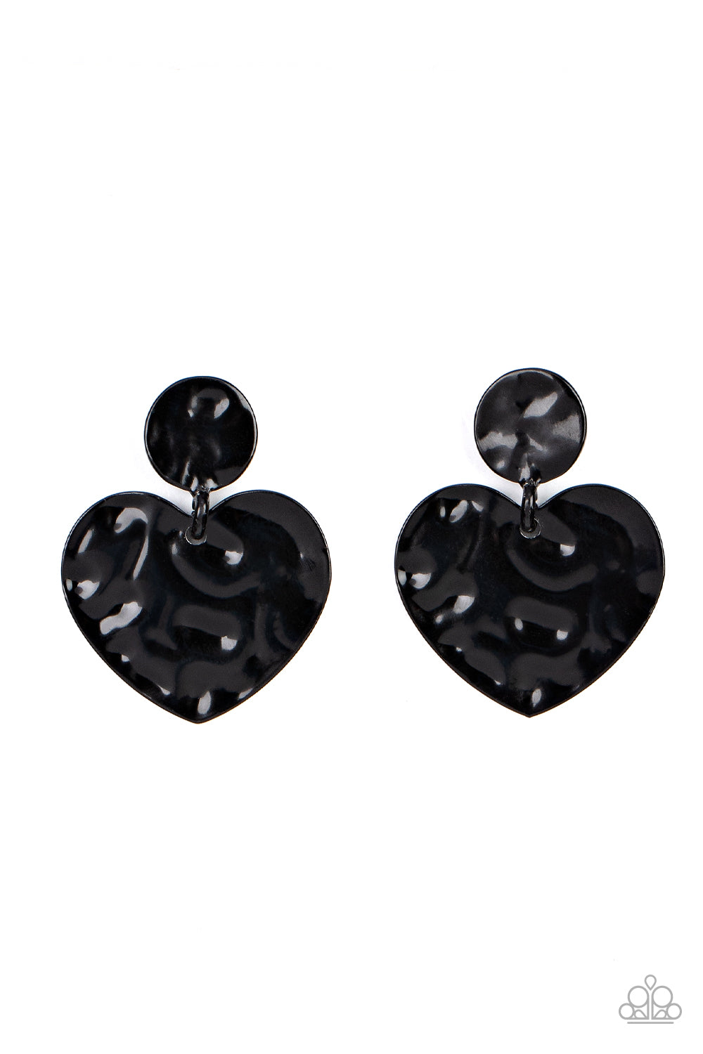 Just a Little Crush Black Heart Earring - Paparazzi Accessories  Painted in a glossy black finish, a hammered disc gives way to a hammered heart frame for a flirtatious fashion. Earring attaches to a standard post fitting.  All Paparazzi Accessories are lead free and nickel free!  Sold as one pair of post earrings.