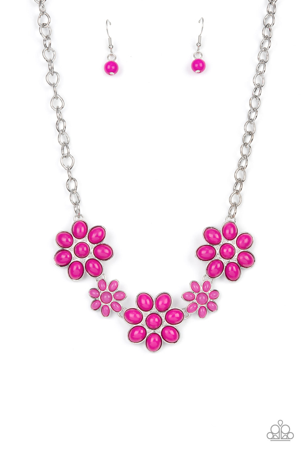 Flamboyantly Flowering Pink Necklace - Paparazzi Accessories  A flirtatious collection of Fuchsia Fedora dotted floral frames alternate with dainty opaque Fuchsia Fedora flowers below the collar, creating a vivacious pop of color. Features an adjustable clasp closure.  Sold as one individual necklace. Includes one pair of matching earrings.