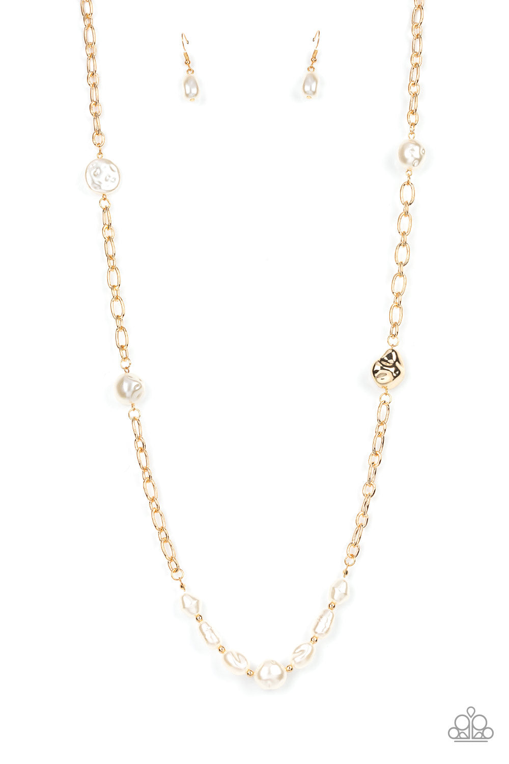 Pardon My FABULOUS - Gold Item #P2RE-GDXX-398XX Infused with dainty gold beads, an elegant collection of imperfect white pearls and gold beads asymmetrically adorn a substantial gold chain across the chest for an effortless elegance. Features an adjustable clasp closure.  Sold as one individual necklace. Includes one pair of matching earrings.