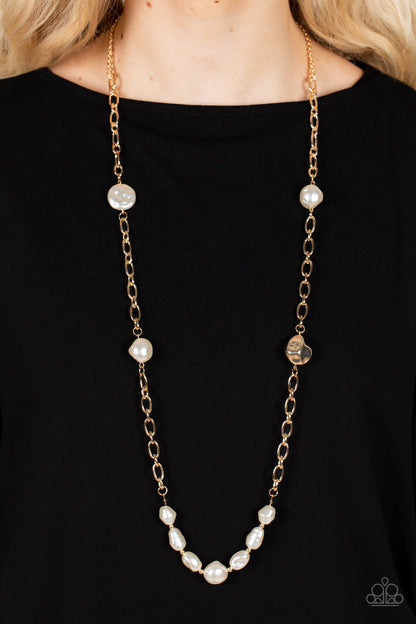 Pardon My FABULOUS - Gold Item #P2RE-GDXX-398XX Infused with dainty gold beads, an elegant collection of imperfect white pearls and gold beads asymmetrically adorn a substantial gold chain across the chest for an effortless elegance. Features an adjustable clasp closure.  Sold as one individual necklace. Includes one pair of matching earrings.