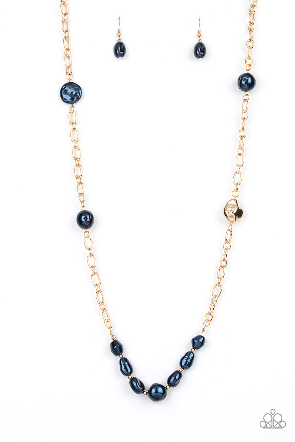 Pardon My FABULOUS - Blue Item #P2RE-BLXX-351XX Infused with dainty gold beads, an elegant collection of imperfect blue pearls and gold beads asymmetrically adorn a substantial gold chain across the chest for an effortless elegance. Features an adjustable clasp closure.  Sold as one individual necklace. Includes one pair of matching earrings.