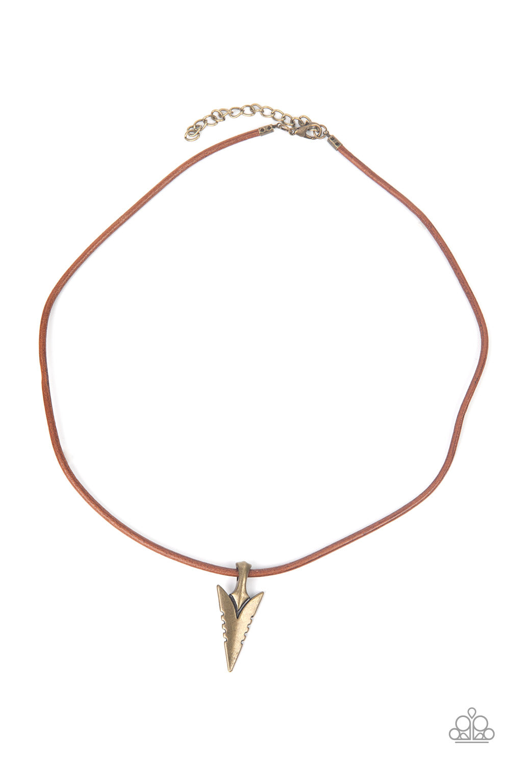 Pharaohs Arrow Brass Urban Necklace - Paparazzi Accessories  A brass arrowhead inspired pendant glides along a leathery brown cord below the collar, creating authentic edge. Features an adjustable clasp closure.  Sold as one individual necklace.