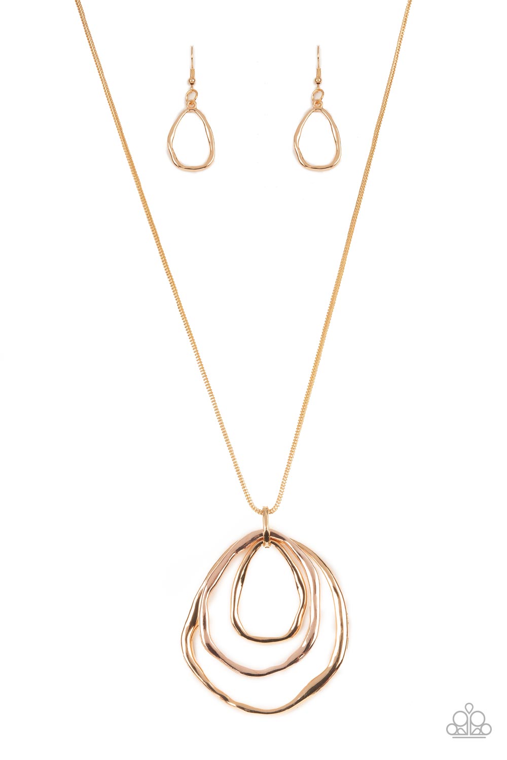 Revamped Relic - Gold Item #P2BA-GDXX-052XX A trio of mismatched warped gold and rose gold rings swing from the bottom of a glistening gold chain, creating an asymmetrically stacked pendant. Features an adjustable clasp closure.  Sold as one individual necklace. Includes one pair of matching earrings.