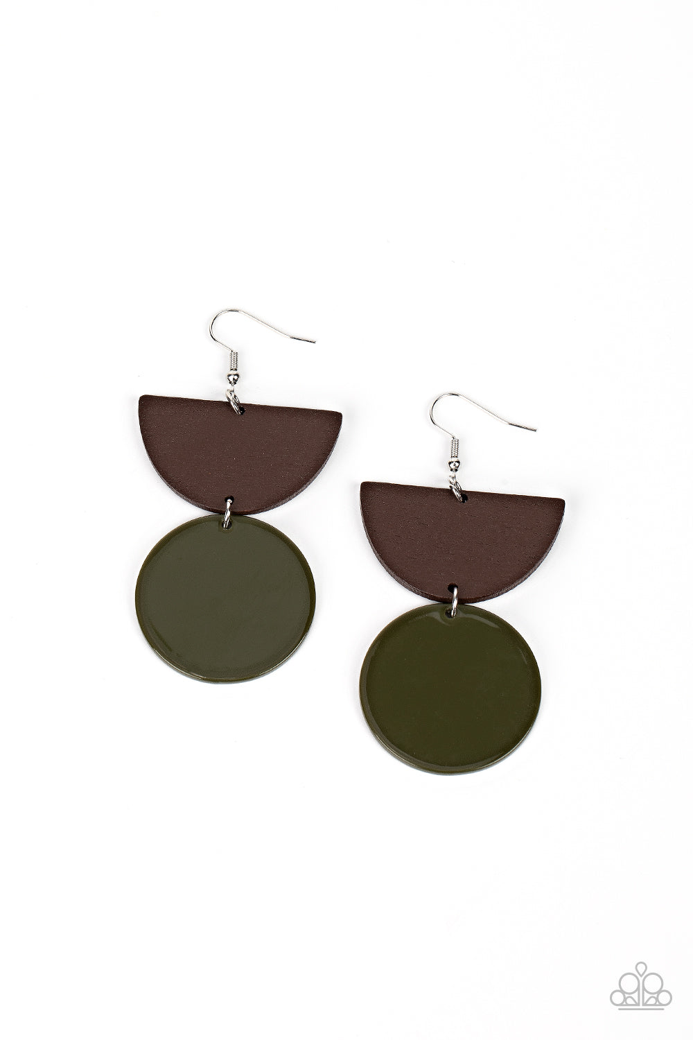 Beach Bistro Green Wood Earring - Paparazzi Accessories  An Olive Branch acrylic disc swings from the bottom of a wooden crescent frame, resulting in a colorful pop of tropical inspiration. Earring attaches to a standard fishhook fitting.  Sold as one pair of earrings.