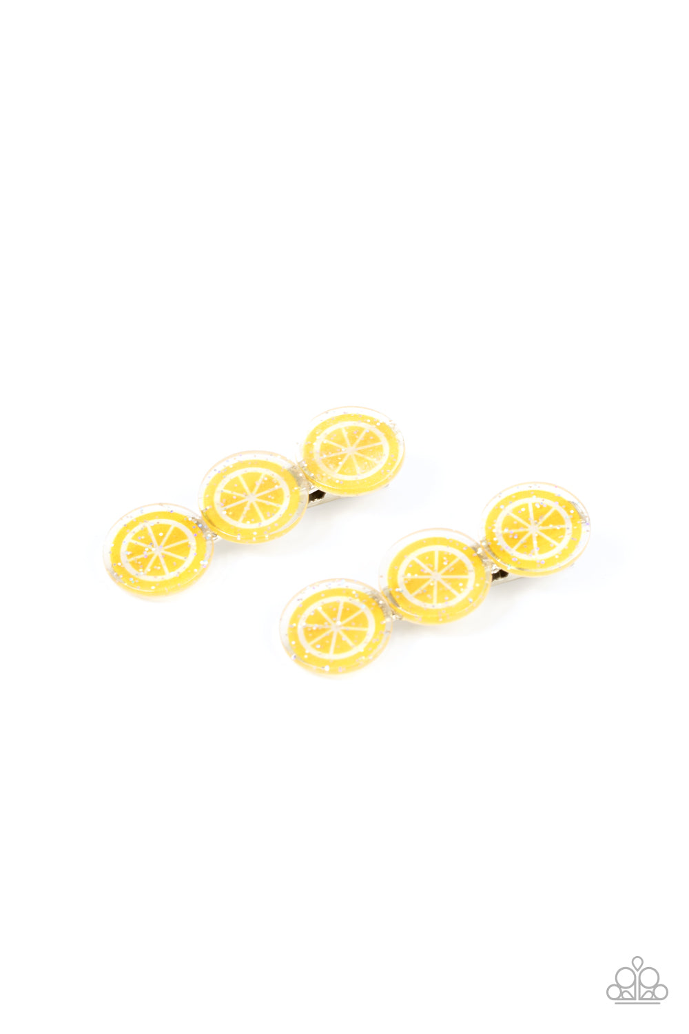 Charismatically Citrus Yellow Hair Clip - Paparazzi Accessories  Sprinkled in sparkle, a zesty trio of lemon frames coalesce into a citrusy pair of hair clips. Features standard hair clips on the back.  Sold as one pair of hair clips.