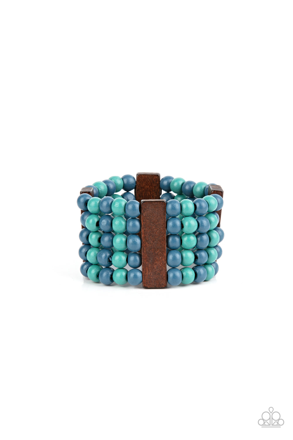 Island Soul Blue Wood Bracelet - Paparazzi Accessories  Colorful layers of blue and turquoise wooden beads are threaded along stretchy bands between dark brown wooden bars creating stacks of subtle bliss around the wrist.  Sold as one individual bracelet.