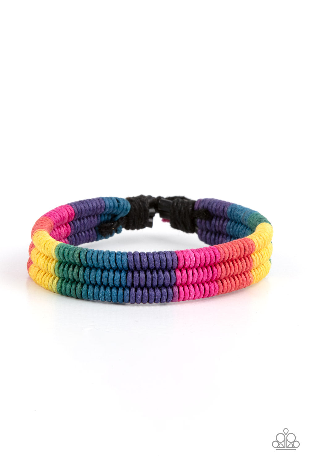 Rainbow Renegade Multi Bracelet - Paparazzi Accessories  Colorful sections of pink, red, yellow, green, blue, and purple cords ornately wrap and weave around three black bands, coalescing into a radiant rainbow around the wrist. Features an adjustable sliding knot closure.  Sold as one individual bracelet.