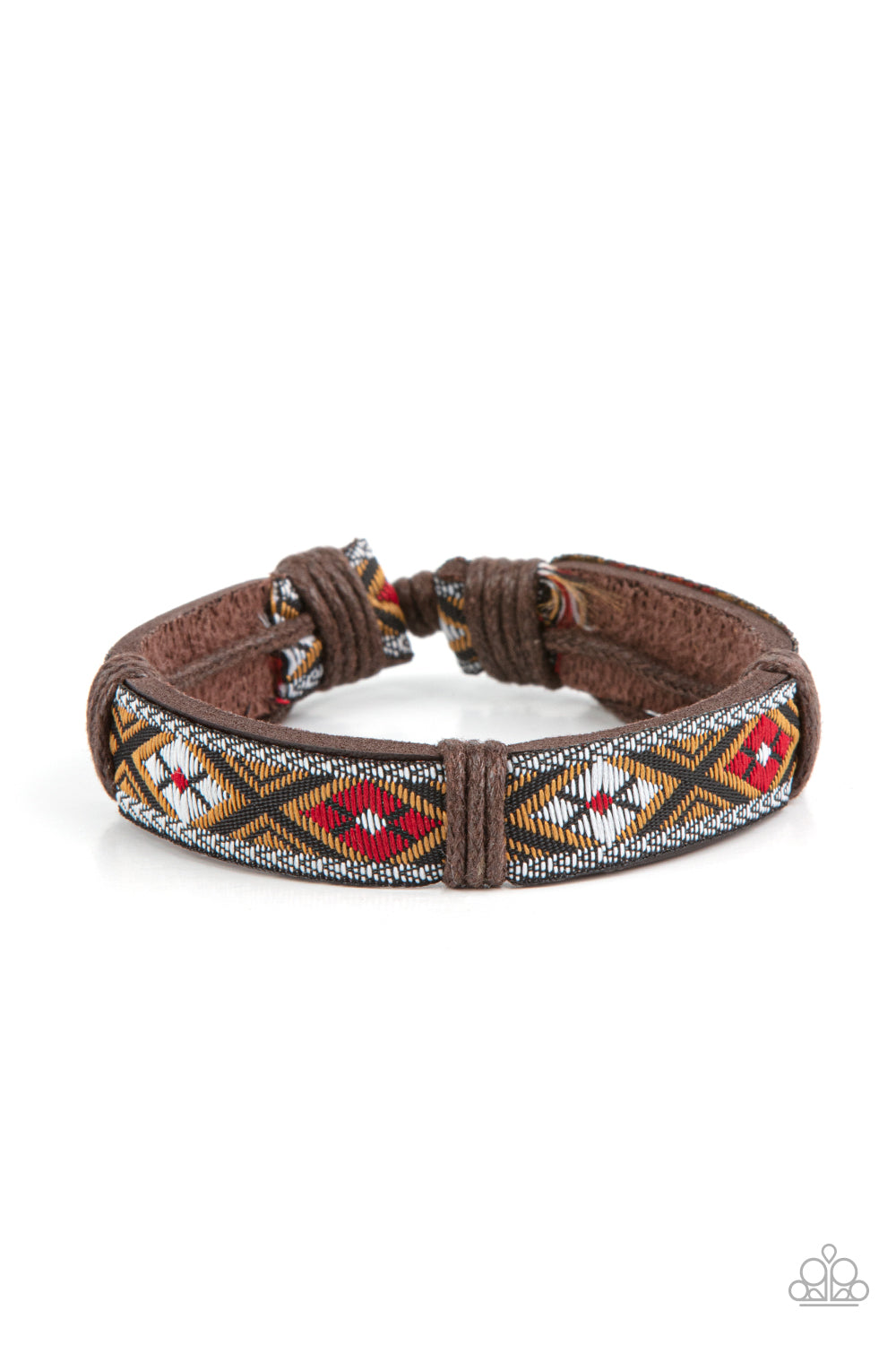 Textile Takeover Red Urban Bracelet - Paparazzi Accessories  A ribbon featuring a floral red, brown, black, and white textile print is knotted in place across the front of a brown leather band, creating a simply seasonal style around the wrist. Features an adjustable sliding knot closure.  Sold as one individual bracelet.