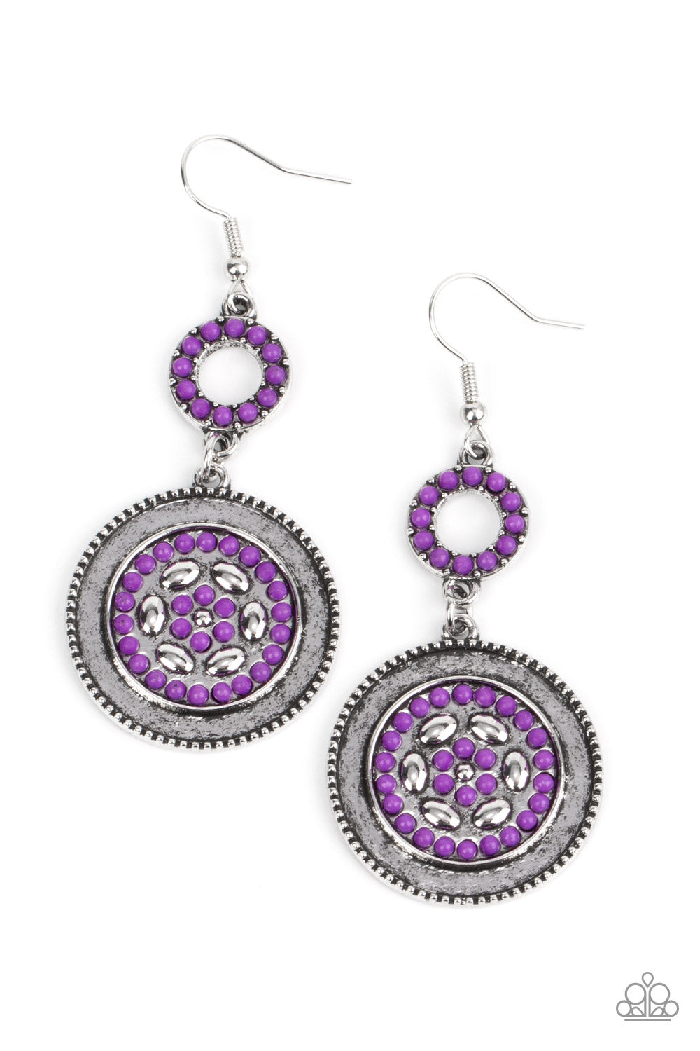 Meadow Mantra - Purple Item #P5WH-PRXX-242XX Dotted in dainty purple seed beads, a dainty silver hoop links to an ornate silver disc for a colorful floral finish. Earring attaches to a standard fishhook fitting.  Sold as one pair of earrings.