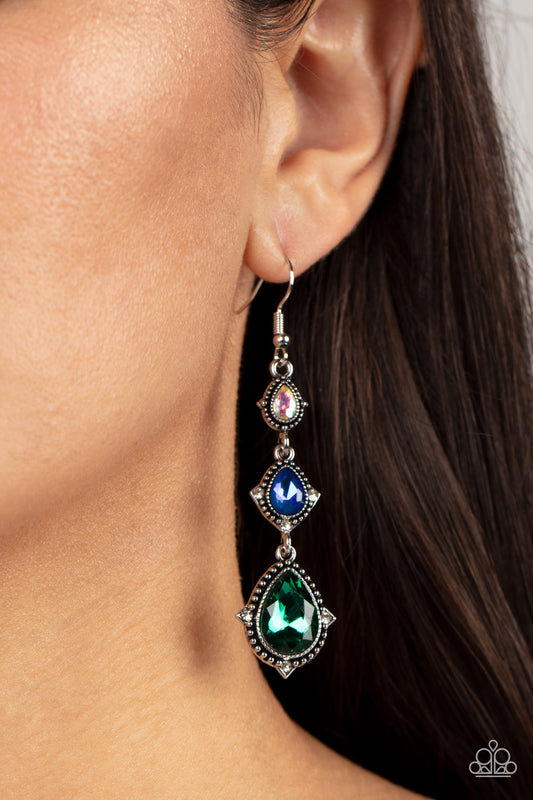 Prague Princess Multi Earring - Paparazzi Accessories   Featuring studded silver frames, a sparkly trio of iridescent, blue, and green teardrop gems delicately link into a romantic lure. Dainty white rhinestones embellish the edges of the lowermost teardrops, adding a hint of glassy glamour. Earring attaches to a standard fishhook fitting.  Sold as one pair of earrings.