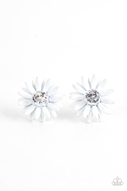 Sunshiny DAIS-y - White Post Earring - Paparazzi Accessories  Layers of white petals fan out from an oversized white rhinestone fitting, blooming into a sparkly floral centerpiece. Earring attaches to a standard post fitting.  All Paparazzi Accessories are lead free and nickel free!  Sold as one pair of post earrings.