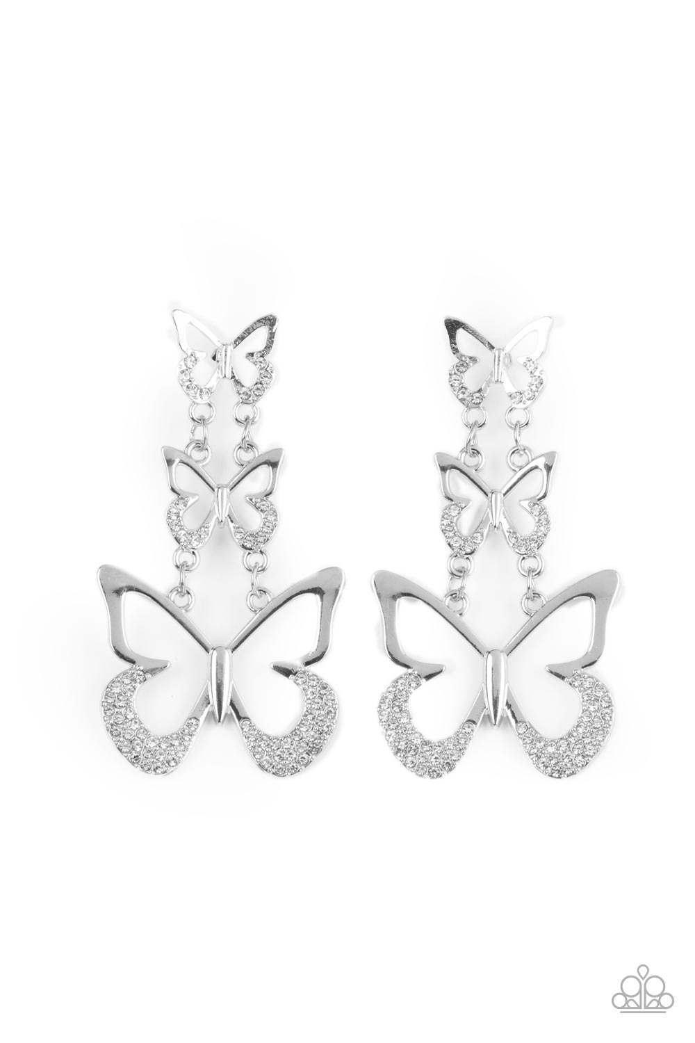 Flamboyant Flutter White Butterfly Earring - Paparazzi Accessories  An airy trio of silver butterflies gradually increase in size as they link into a whimsical lure. The bottom of each butterfly has been dipped in white rhinestones, adding a glitzy finish to the fluttering centerpiece. Earring attaches to a standard post fitting.  Sold as one pair of post earrings.