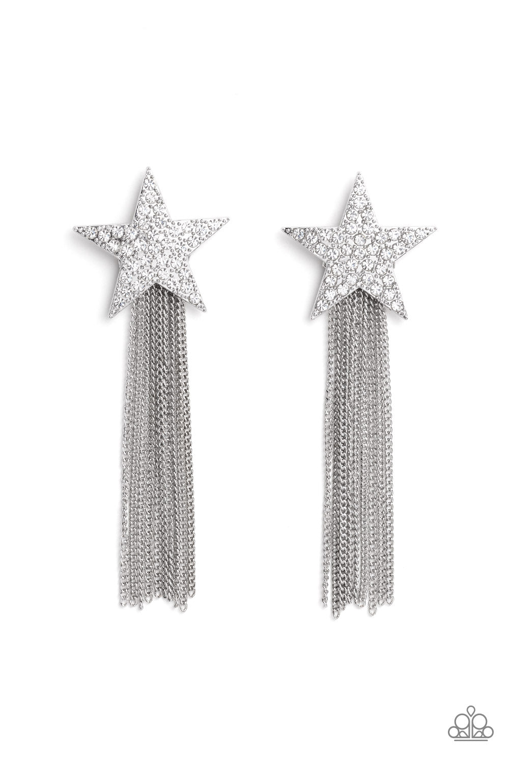Superstar Solo White Post Earring- Paparazzi Accessories   A curtain of silver chains streams out from the bottom of an oversized silver star encrusted in blinding white rhinestones, resulting in a stellar tassel. Earring attaches to a standard post fitting.  Sold as one pair of post earrings.  December 2022 Life of the Party!