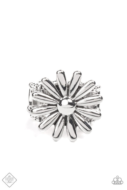 GROWING Steady Silver Ring - Paparazzi Accessories  A splendidly whimsical shiny silver daisy sits atop layered and studded silver bands creating a blossoming centerpiece atop the finger. Features a stretchy band for a flexible fit.  Sold as one individual ring.