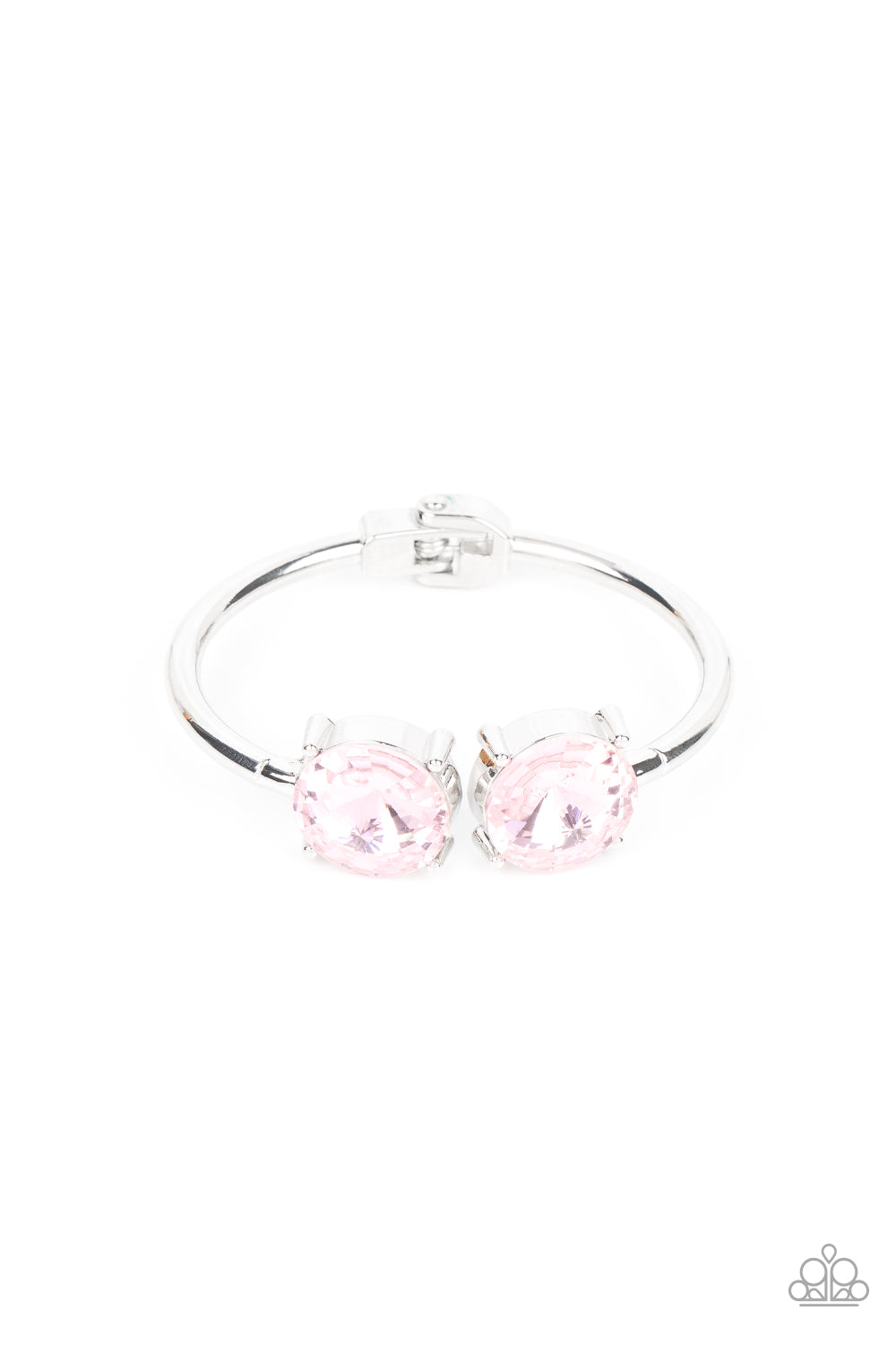 Spark and Sizzle Pink Hinge Bracelet - Paparazzi Accessories  Two dramatically oversized pink rhinestones are nestled inside pronged silver fittings at the ends of a hinged silver cuff, creating a sparkly statement piece that wraps boldly around the wrist. Features a hinged closure.  Sold as one individual bracelet.