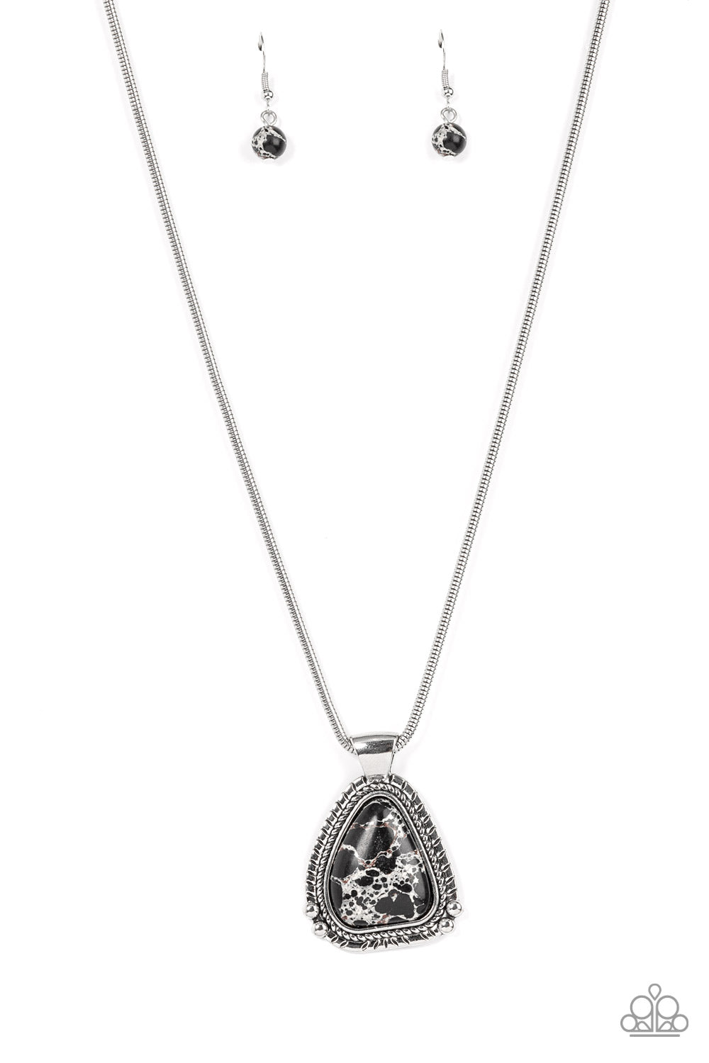Artisan Adventure Black Necklace - Paparazzi Accessories  Featuring a studded and textured silver frame, an asymmetrical black stone pendant glides along a rounded silver snake chain below the collar for an authentically artisan-inspired fashion. Features an adjustable clasp closure.  Sold as one individual necklace. Includes one pair of matching earrings.