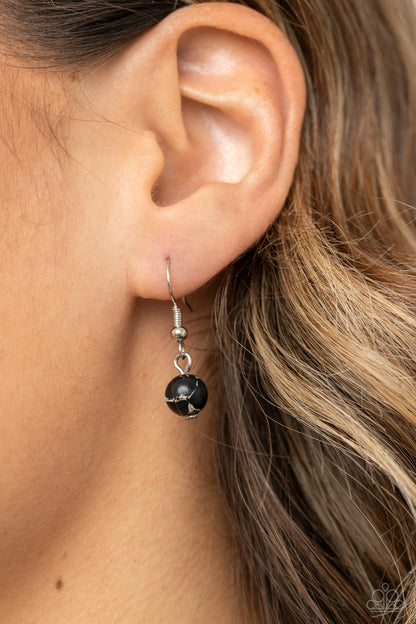 Artisan Adventure Black Necklace - Paparazzi Accessories  Featuring a studded and textured silver frame, an asymmetrical black stone pendant glides along a rounded silver snake chain below the collar for an authentically artisan-inspired fashion. Features an adjustable clasp closure.  Sold as one individual necklace. Includes one pair of matching earrings.