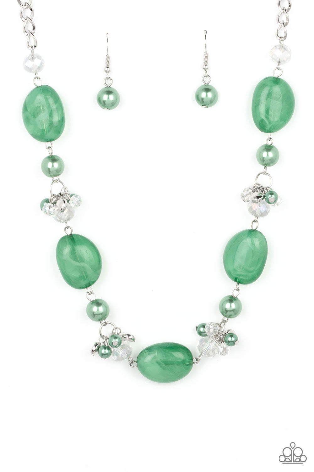 The Top TENACIOUS Green Necklace - Paparazzi Accessories  Featuring a faux stone look, a refreshing collection of cloudy Leprechaun beads join bubbly Leprechaun pearls, and white crystal-like gems below the collar. Dainty clusters of Leprechaun pearls, flat silver beads, and white crystal-like gems adorn the display, adding effervescent movement to the whimsical scene. Features an adjustable clasp closure.  Sold as one individual necklace. Includes one pair of matching earrings.