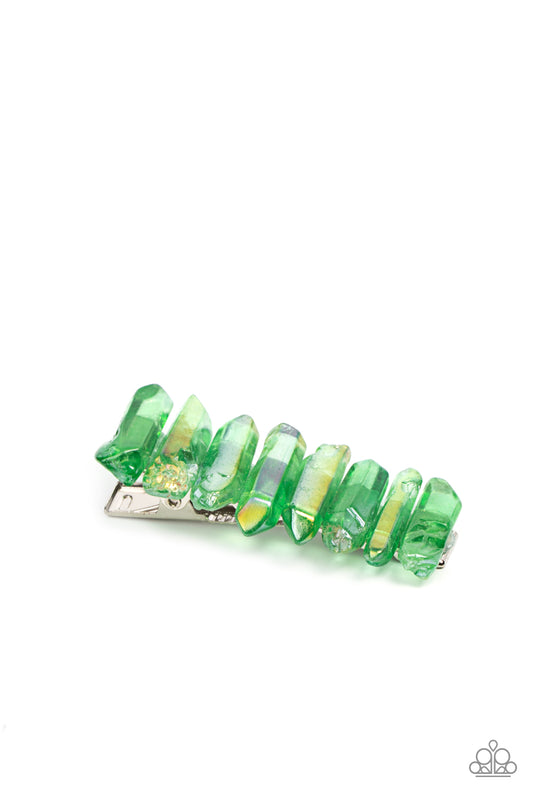 Crystal Caves Green Hair Clip - Paparazzi Accessories  Raw cut iridescent green crystals stack across the front of a rectangular silver frame, creating an ethereally earthy centerpiece. Features a standard hair clip on the back.  Sold as one individual hair clip.