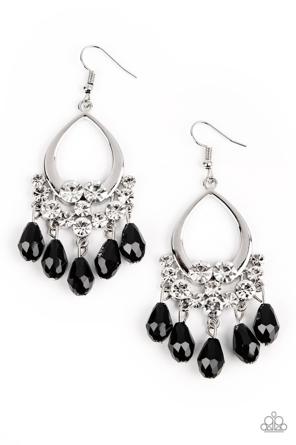 Famous Fashionista - Black Item #P5RE-BKXX-424XX Faceted black teardrop gems cascade from a collection of bubbly white rhinestones at the bottom of a shiny silver teardrop frame, creating a glamorous fringe. Earring attaches to a standard fishhook fitting.  Sold as one pair of earrings.