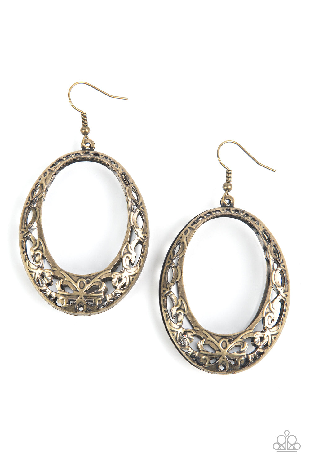 Gardenista Grandeur Brass Earring - Paparazzi Accessories  Brushed in an antiqued shimmer, brass floral filigree delicately curves into whimsical frames that delicately connect into a three-dimensional oval lure for a seasonal fashion. Earring attaches to a standard fishhook fitting.  Sold as one pair of earrings.