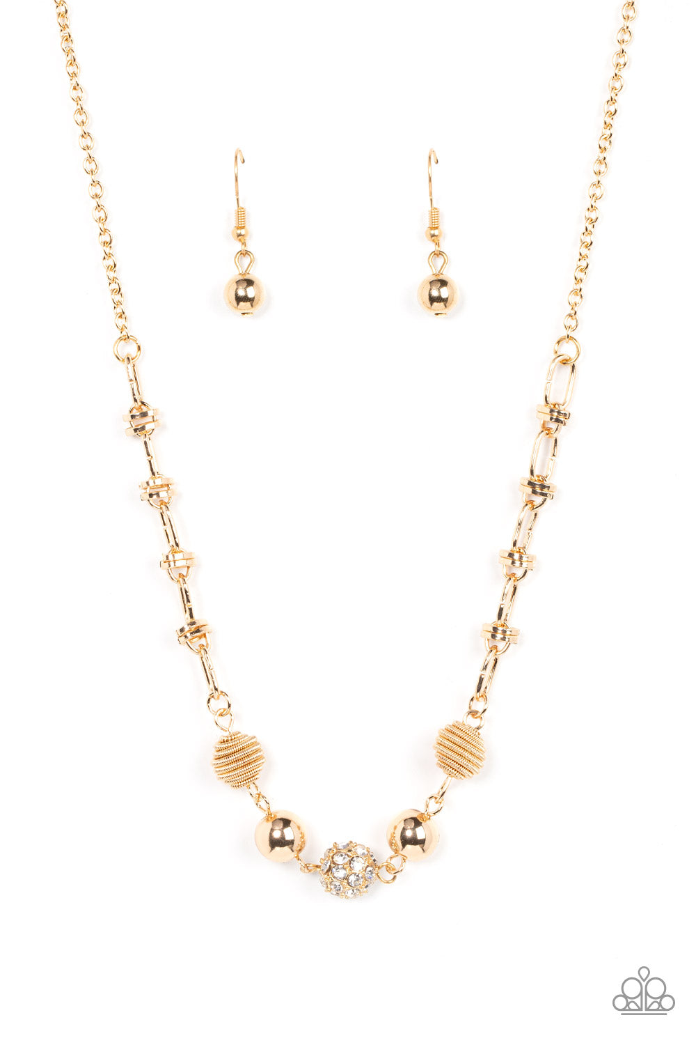 Taunting Twinkle Gold Necklace - Paparazzi Accessories  Pairs of gold coiled and smooth gold beads flank a white rhinestone encrusted bead along an oval and gold disc linked chain, creating a glitzy combination below the collar. Features an adjustable clasp closure.  Sold as one individual necklace. Includes one pair of matching earrings.