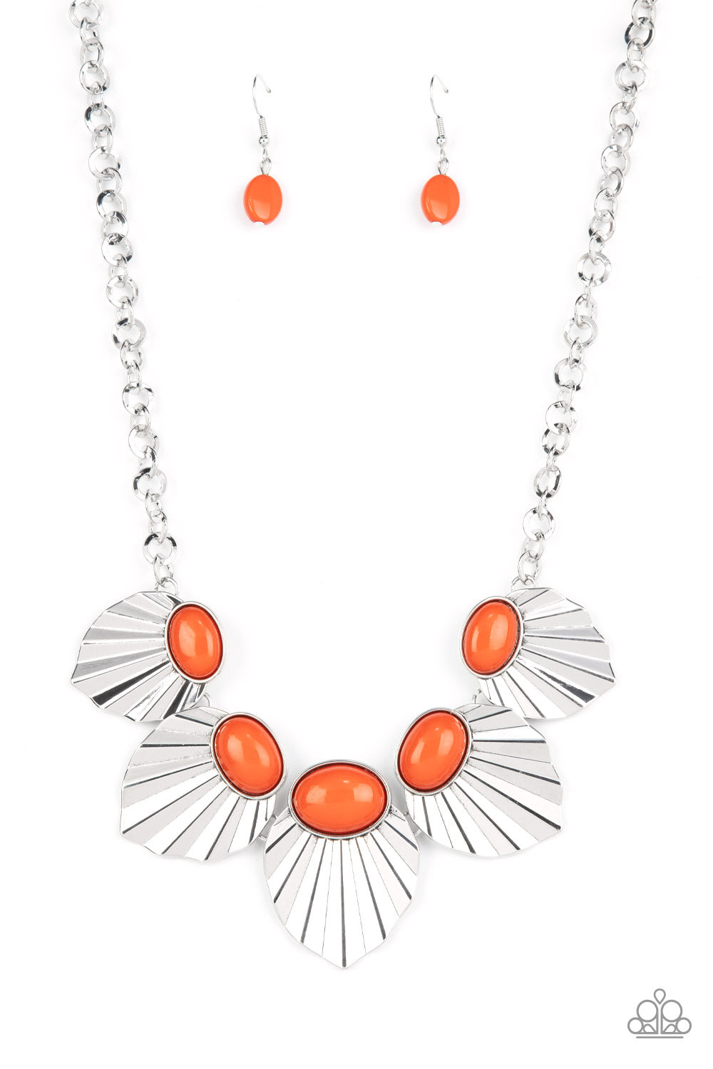 Fearlessly Ferocious Orange Necklace - Paparazzi Accessories  Crowned in oval Burnt Orange beads, a collection of crimped and scalloped silver frames gradually increase in size as they fearlessly fan out below the collar for a ferocious fashion. Features an adjustable clasp closure.  Sold as one individual necklace. Includes one pair of matching earrings.