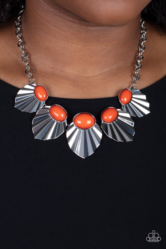 Fearlessly Ferocious Orange Necklace - Paparazzi Accessories  Crowned in oval Burnt Orange beads, a collection of crimped and scalloped silver frames gradually increase in size as they fearlessly fan out below the collar for a ferocious fashion. Features an adjustable clasp closure.  Sold as one individual necklace. Includes one pair of matching earrings.
