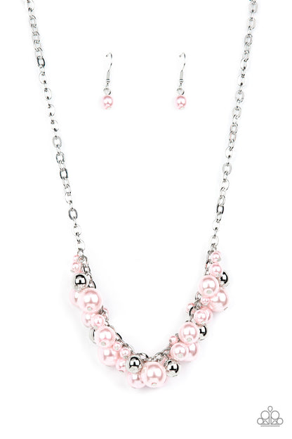 Classical Culture Pink Necklace - Paparazzi Accessories  An effervescent collection of bubbly pink pearls and shiny silver beads delicately cluster along the center of an ornate silver chain, creating a classic fringe below the collar. Features an adjustable clasp closure.  Sold as one individual necklace. Includes one pair of matching earrings.