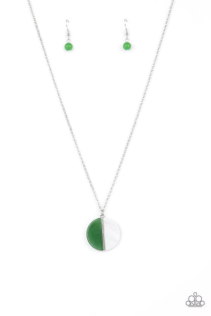 Elegantly Eclipsed Green Necklace - Paparazzi Accessories  A pair of jade stone and white shell-like half moon frames adorn the front of a round silver fitting, creating a whimsical pendant below the collar. Features an adjustable clasp closure.  Sold as one individual necklace. Includes one pair of matching earrings.