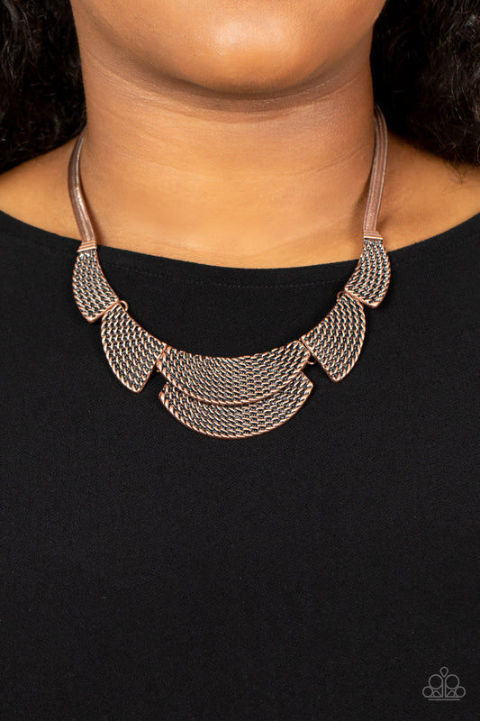Empress Empire Copper Necklace - Paparazzi Accessories  Embossed in raised metallic stitched-like textures, curved copper plates boldly fan out from an oversized copper snake chain below the collar for a fearless fashion. Features an adjustable clasp closure.  Sold as one individual necklace. Includes one pair of matching earrings.
