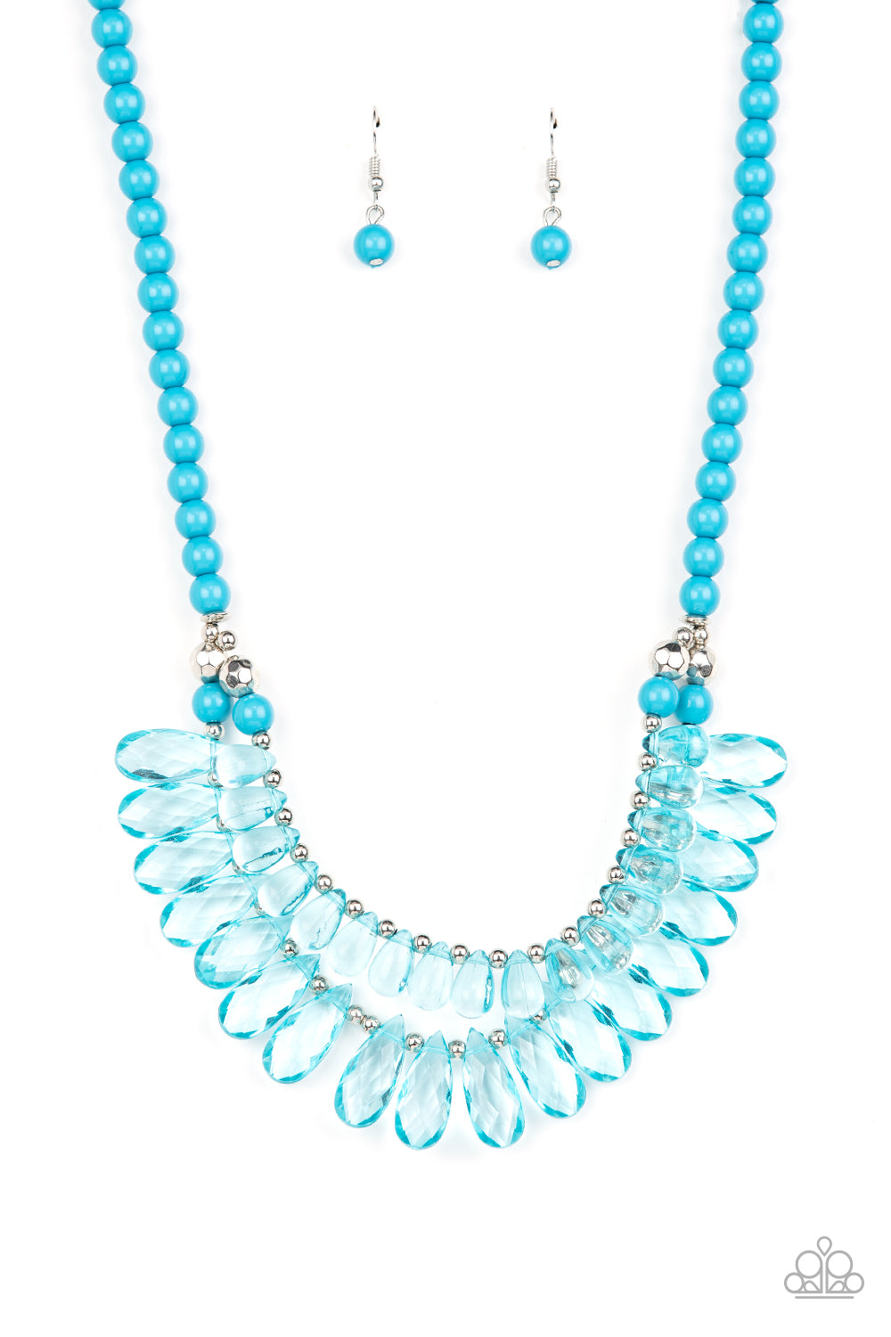 All Across the GLOBETROTTER Blue Necklace - Paparazzi Accessories  Varying in size, a glassy collection of blue teardrops alternate with dainty silver beads in two rows below the collar for a glamorous pop of color. Features an adjustable clasp closure.  Sold as one individual necklace. Includes one pair of matching earrings.