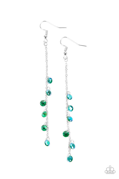 Extended Eloquence Green Earring - Paparazzi Accessories  Featuring stellar iridescence, a dainty collection of glassy green rhinestones tumble down a lengthened silver chain for a twinkly tasseled look. Earring attaches to a standard fishhook fitting.  Sold as one pair of earrings.