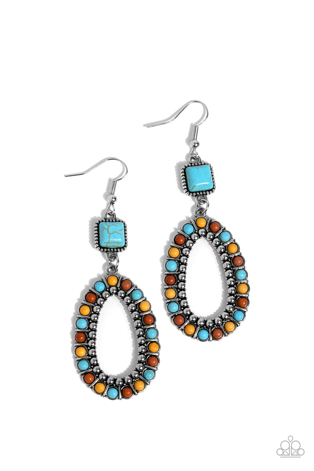 Napa Valley Luxe Multi Earring- Paparazzi Accessories   A turquoise stone, chiseled into a polished square, gives way to a silver studded hoop bordered in dainty turquoise, brown, and yellow stones, creating a rustically scalloped lure. Earring attaches to a standard fishhook fitting.  Sold as one pair of earrings.