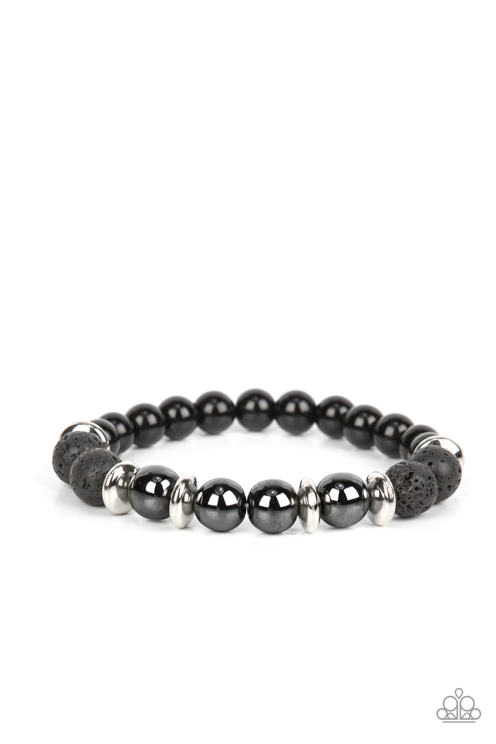 Mega Metamorphic Black Urban Bracelet - Paparazzi Accessories   Infused with a section of polished black beads, a stellar assortment of gunmetal beads, silver accents, and black lava rock beads are threaded along stretchy bands around the wrist for an urban flair.  Sold as one individual bracelet.