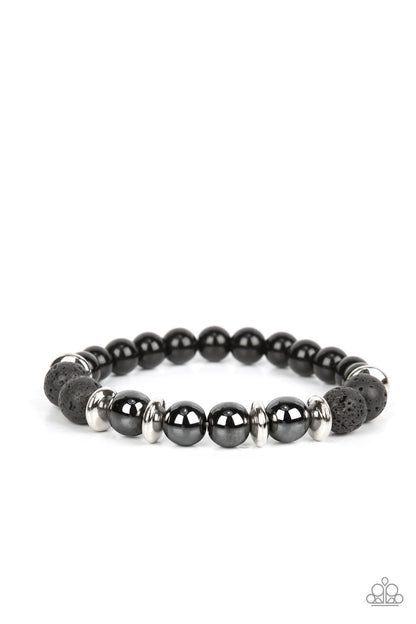 Mega Metamorphic Black Urban Bracelet - Paparazzi Accessories   Infused with a section of polished black beads, a stellar assortment of gunmetal beads, silver accents, and black lava rock beads are threaded along stretchy bands around the wrist for an urban flair.  Sold as one individual bracelet.