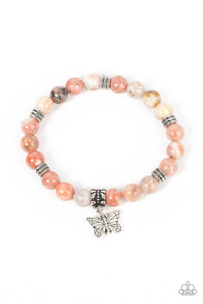 Butterfly Nirvana Pink Bracelet - Paparazzi Accessories  Infused with a silver butterfly charm, textured silver accents and speckled pink stone beads are threaded along stretchy bands around the wrist for a whimsical look.  Sold as one individual bracelet.