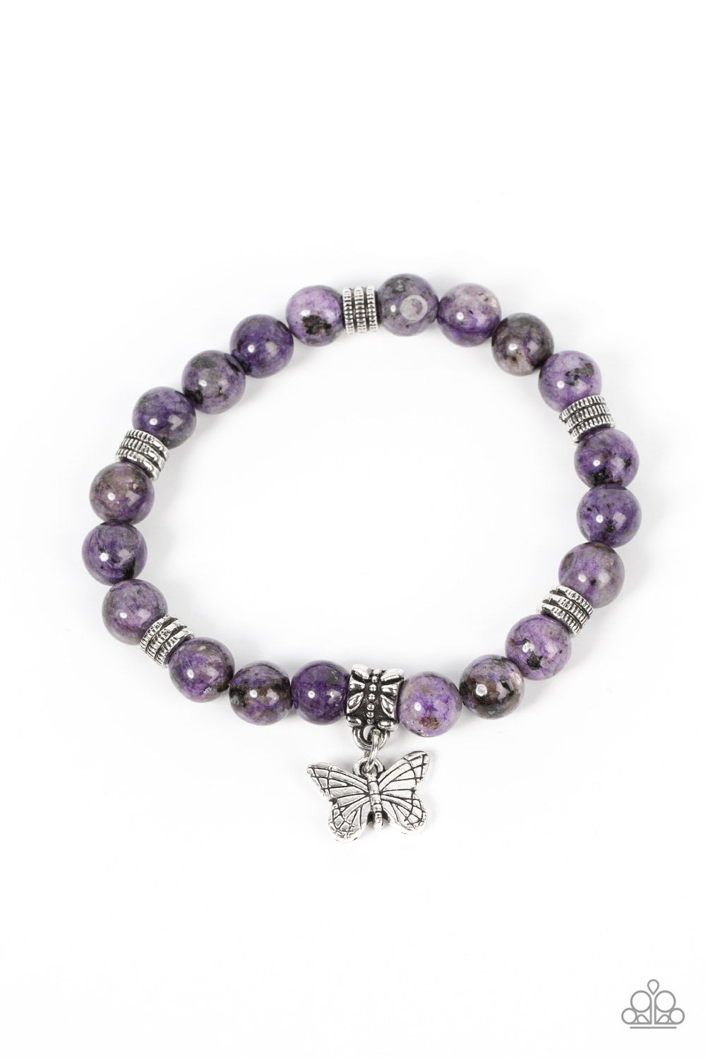 Butterfly Nirvana Purple Bracelet - Paparazzi Accessories  Infused with a silver butterfly charm, textured silver accents and amethyst stone beads are threaded along stretchy bands around the wrist for a whimsical look.  Sold as one individual bracelet.