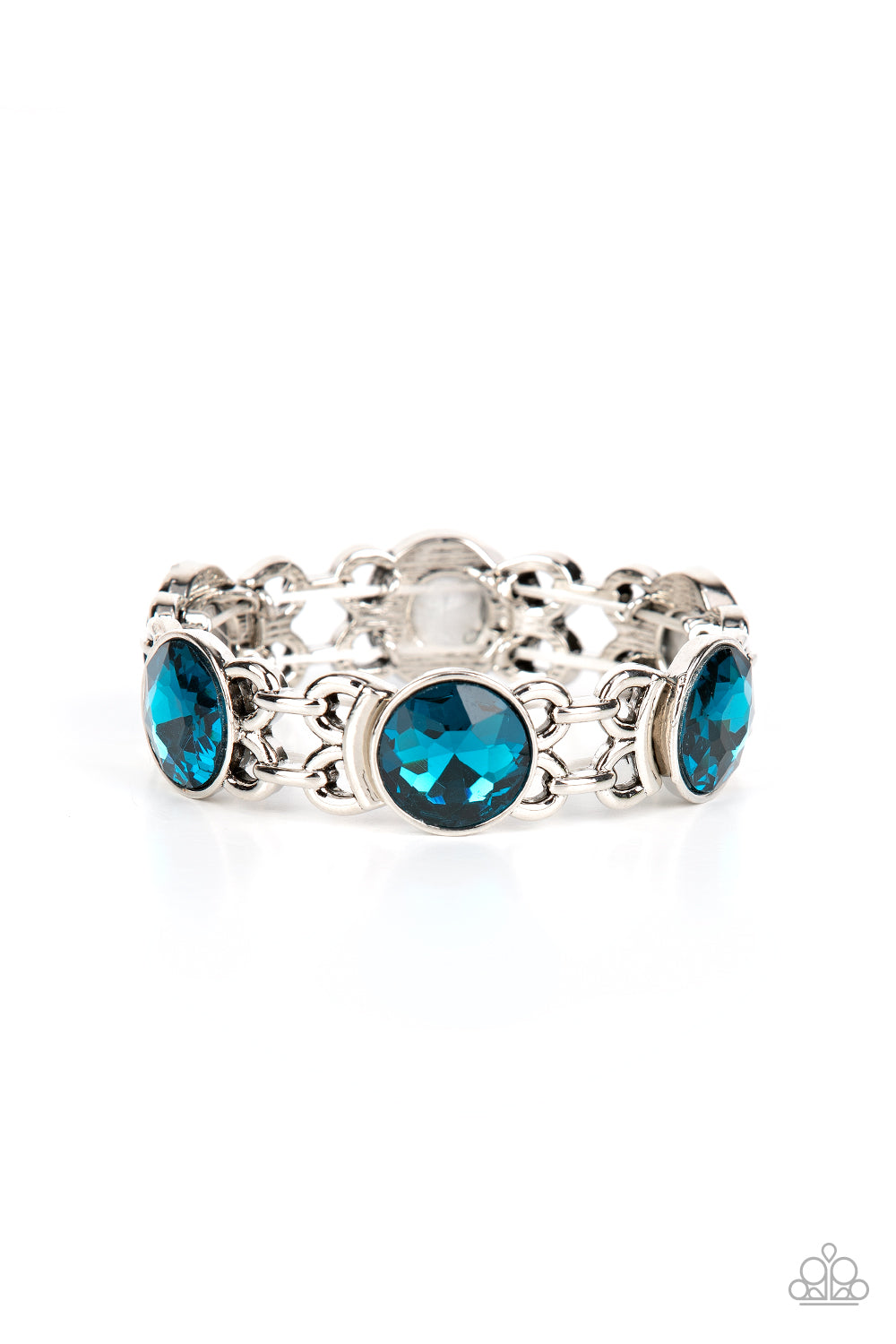 Devoted to Drama Blue Bracelet - Paparazzi Accessories  Featuring edgy chain-like fittings, a sparkly series of oversized blue rhinestones are threaded along stretchy bands around the wrist for a dramatic pop of glitz.  Sold as one individual bracelet.